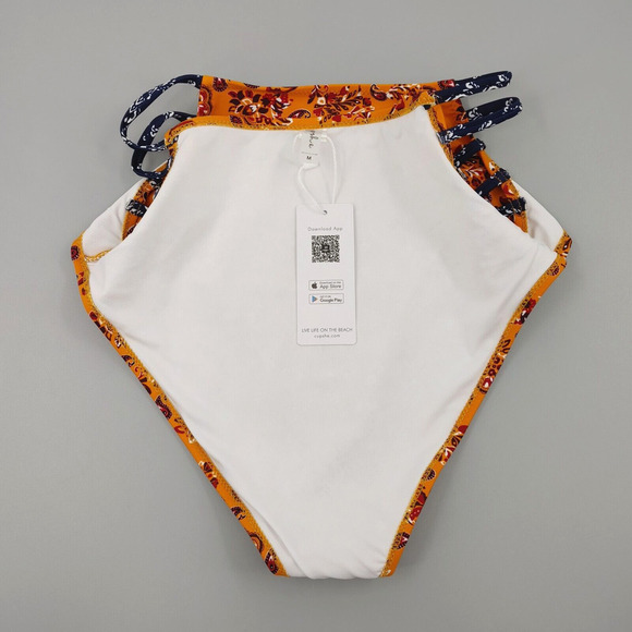 Womens Bikini Bottom Medium Orange Paisley High Waist Strappy Sides Boho Chic - Picture 6 of 9